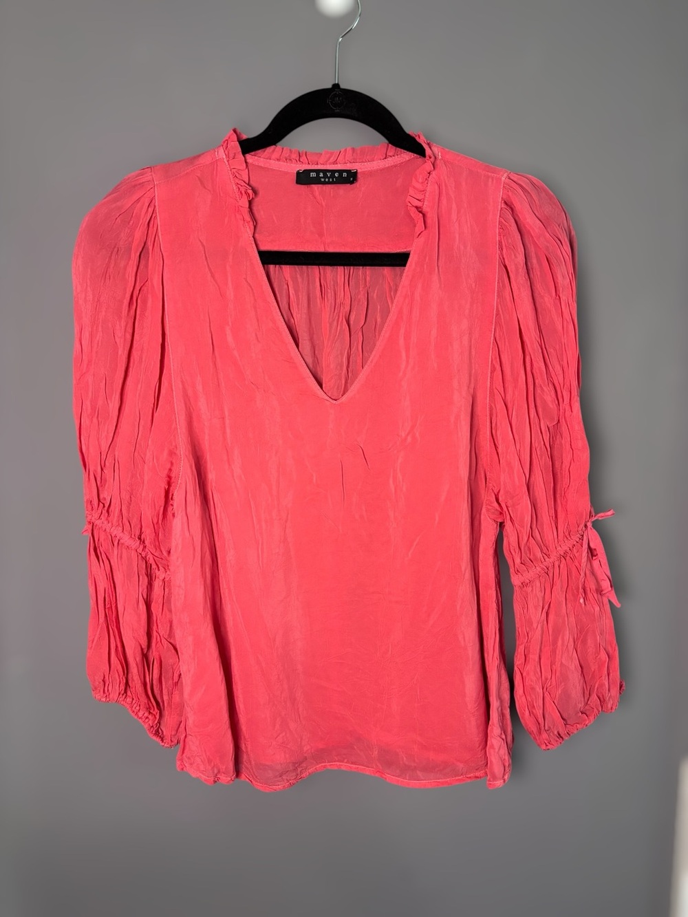 Maven West Pink Long Balloon Sleeve V Neck Blouse Small